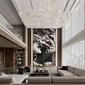 Duplex Living Room Interior With High Ceiling Spiral Staircase Modern Chandelier And White Sofas