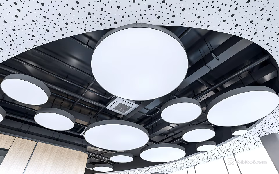Modern Ceiling Design With Decorative Dots Multiple Circular Lights And Black Framework 3d model 