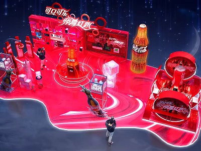 Coca Cola Exhibition Booth Red Themed Design With Large Bottle Models And Visitors 3d model