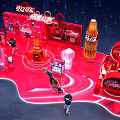 Coca Cola Exhibition Booth Red Themed Design With Large Bottle Models And Visitors