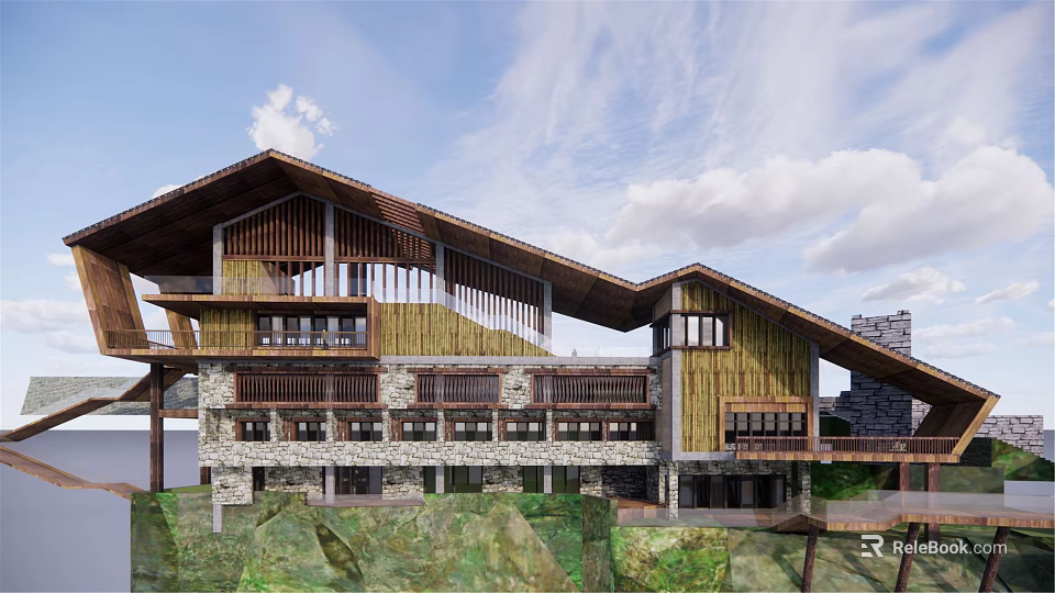 Rustic Homestay Building With Sloped Roof Wooden Stone Structure And Mountain View 3d model 