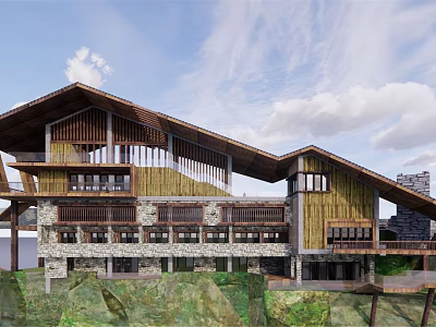 Rustic Homestay Building With Sloped Roof Wooden Stone Structure And Mountain View 3d model