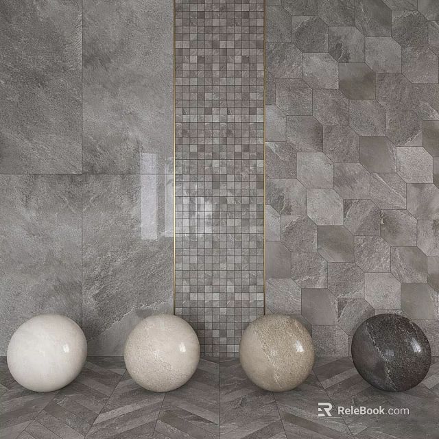 Stylish Shower Sauna Interior With Gray Tile Walls Central Mosaic Strip And Four Colored Spheres 3d model 