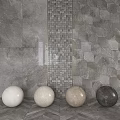Stylish Shower Sauna Interior With Gray Tile Walls Central Mosaic Strip And Four Colored Spheres