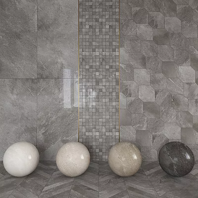 Stylish Shower Sauna Interior With Gray Tile Walls Central Mosaic Strip And Four Colored Spheres 3d model