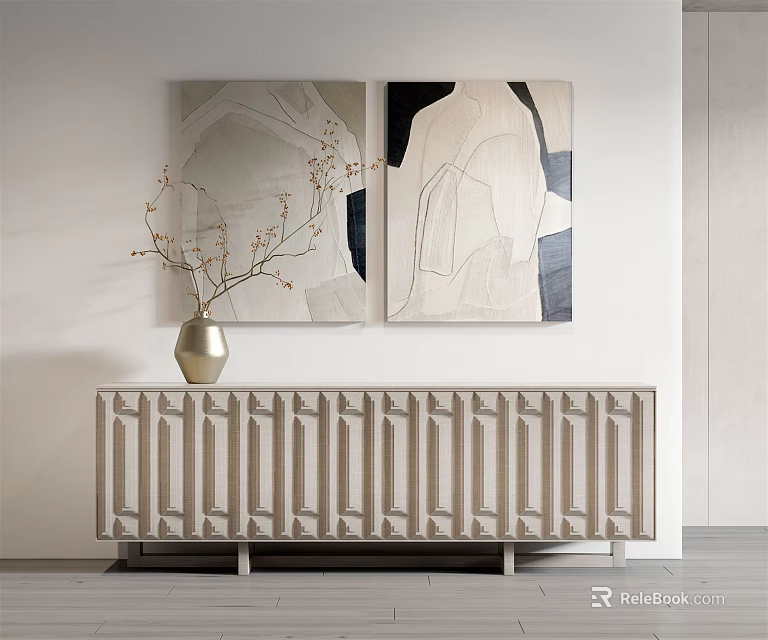 Light Colored Console Table With Geometric Texture Golden Vase And Abstract Paintings 3d model