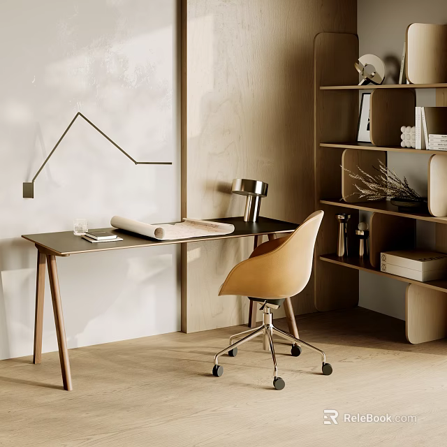 Modern Wooden Desk With Yellow Office Chair Table Lamp Rolled Paper And Bookshelf 3d model 