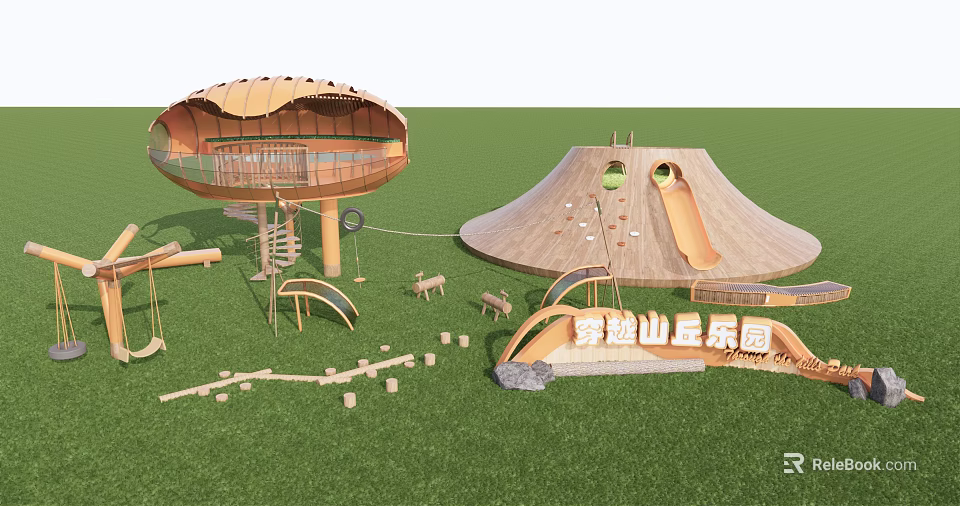 Wooden Playground Equipment with Circular Dome Slide and Climbing Structures on Green Lawn 3d model 