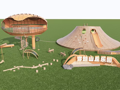 Wooden Playground Equipment with Circular Dome Slide and Climbing Structures on Green Lawn 3d model