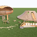 Wooden Playground Equipment with Circular Dome Slide and Climbing Structures on Green Lawn