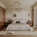Cozy Beige Bedroom Interior with Brown Wardrobe Chandelier Painting Nightstand Chair and Book on Carpet