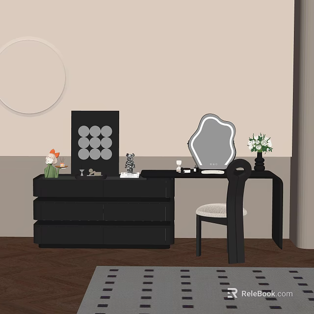 Stylish Black Dressing Table With Ornate Mirror Chair And Decorative Items 3d model 