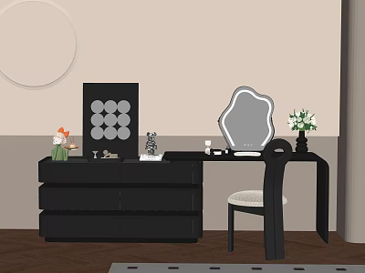 Stylish Black Dressing Table With Ornate Mirror Chair And Decorative Items 3d model