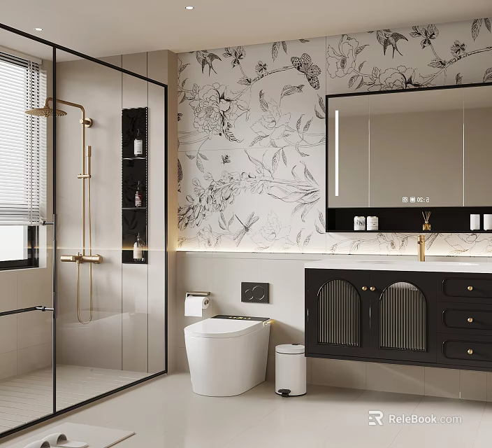 Modern Bathroom Interior With Black White Floral Bird Wallpaper Glass Shower And Black Vanity Cabinet 3d model 