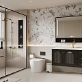 Modern Bathroom Interior With Black White Floral Bird Wallpaper Glass Shower And Black Vanity Cabinet