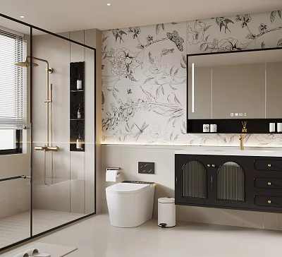 Modern Bathroom Interior With Black White Floral Bird Wallpaper Glass Shower And Black Vanity Cabinet 3d model
