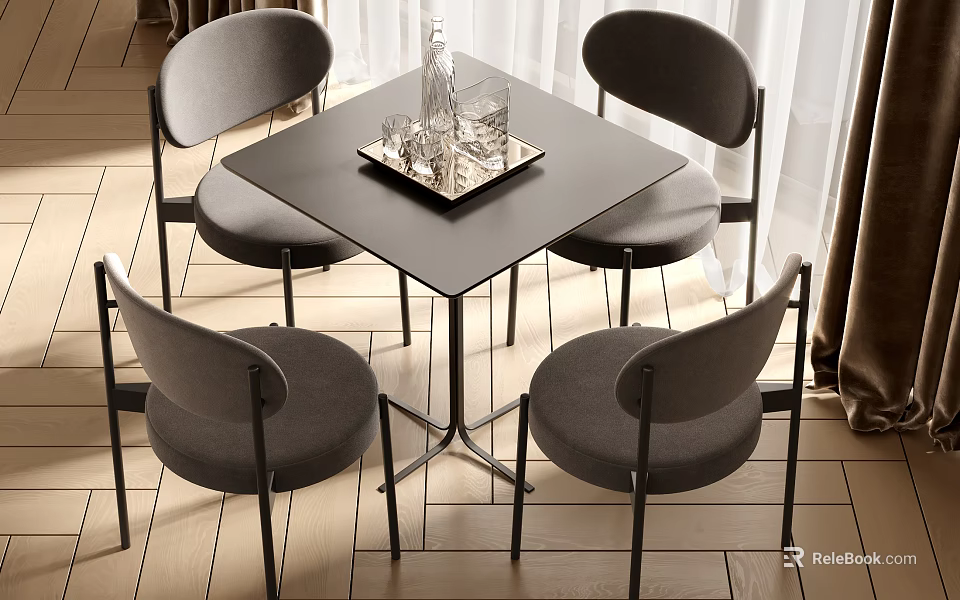 Modern Square Dining Table Set With Four Gray Chairs Black Top And Metal Frame 3d model 
