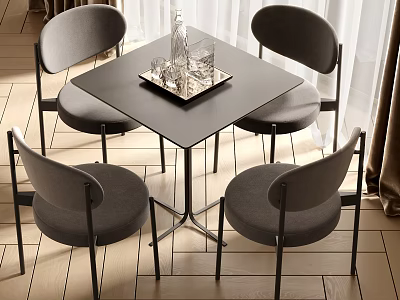 Modern Square Dining Table Set With Four Gray Chairs Black Top And Metal Frame 3d model