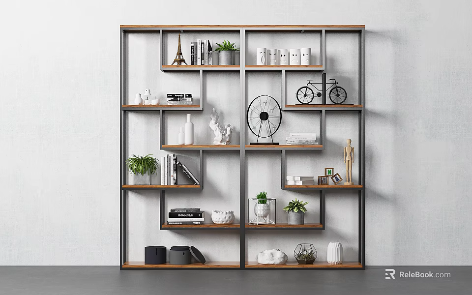 Modern Metal Frame Wooden Shelf Unit With Decorative Plants Books And Storage 3d model 