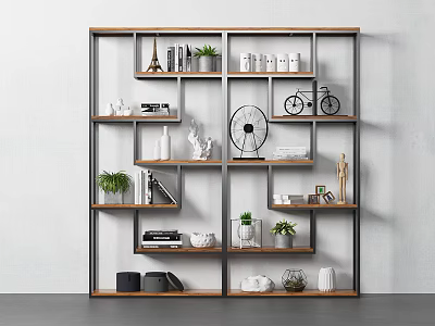 Modern Metal Frame Wooden Shelf Unit With Decorative Plants Books And Storage 3d model