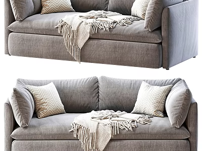 Two Seater Gray Fabric Sofa With Decorative Pillows And Fringed Blanket 3d model