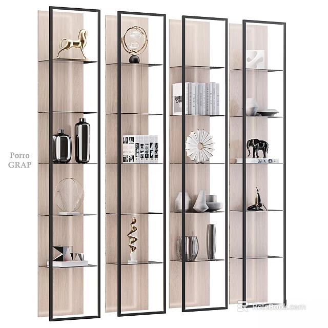 Modern Open Storage Shelving Unit With Wooden Metal Frames Decorative Items Books And Vases 3d model 