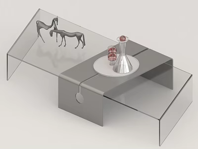 Modern Geometric Glass And Metal Coffee Table With Horse Figurines And Decorative Bottles 3d model