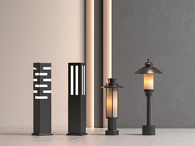 Outdoor Lights With Various Black Designs Including Pillar And Standing Lamps With Warm Glow 3d model