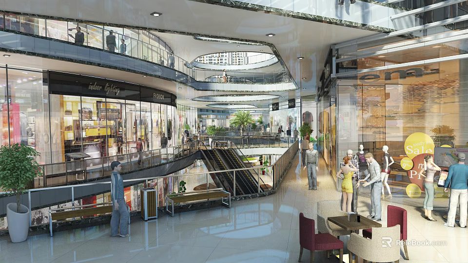Spacious Shopping Mall Atrium With Multi Level Escalators Glass Facades And Seating Areas 3d model 