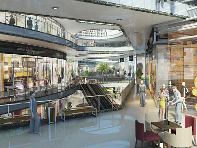Spacious Shopping Mall Atrium With Multi Level Escalators Glass Facades And Seating Areas 3d model