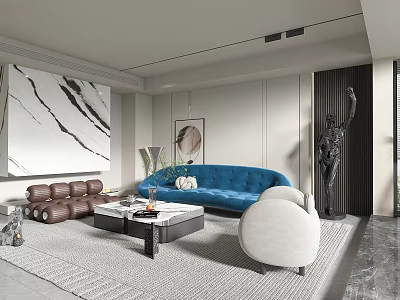 Modern Elegant Living Room Interior With Blue Sofa Brown Sofa White Armchair And Marble Painting 3d model