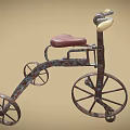 Vintage Tricycle with Rusted Metal Frame and Red Seat Three Wheels Design