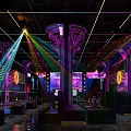 Modern Bar Interior With Neon Lights Purple Pillars Laser Beams Seating Area And Digital Screen