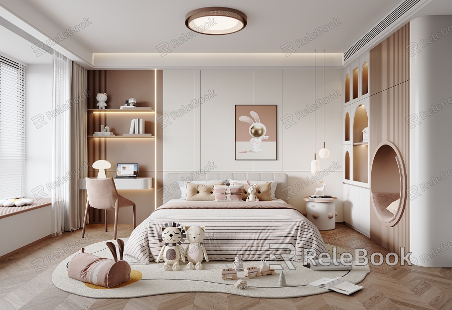 Girls Children's Room Children's Bed Toy Wardrobe Single Chair Hanging Painting Chandelier Ceiling Lamp Side Table model