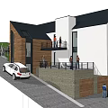 Modern Detached Villa With White And Wooden Exterior Balconies And Parking Cars In Mountain Area