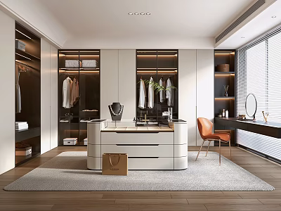 Modern Walk-in Closet Interior Design With Wardrobes Dressing Table Mirror And Orange Chair 3d model