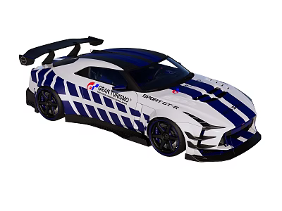 Sporty Racing Car With Blue And White Stripes Rear Wing And Sport Time Design 3d model