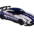 Sporty Racing Car With Blue And White Stripes Rear Wing And Sport Time Design