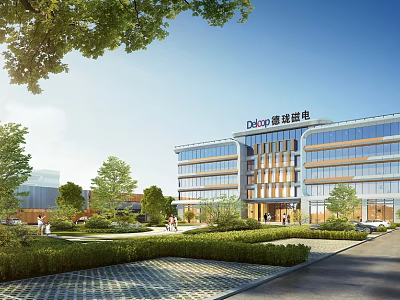 Modern Industrial Factory Building With Glass Curtain Walls Trees Lawns And Landscaped Surroundings 3d model