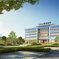 Modern Industrial Factory Building With Glass Curtain Walls Trees Lawns And Landscaped Surroundings