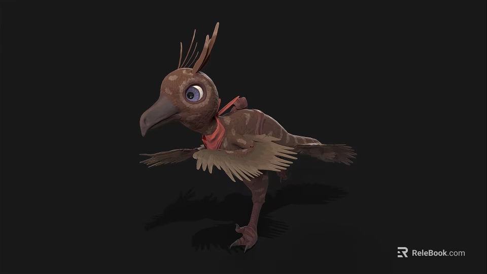 Cartoon Bird Character With Brown Feathers Large Eyes And Red Collar Spread Wings 3d model 