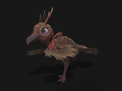 Cartoon Bird Character With Brown Feathers Large Eyes And Red Collar Spread Wings 3d model