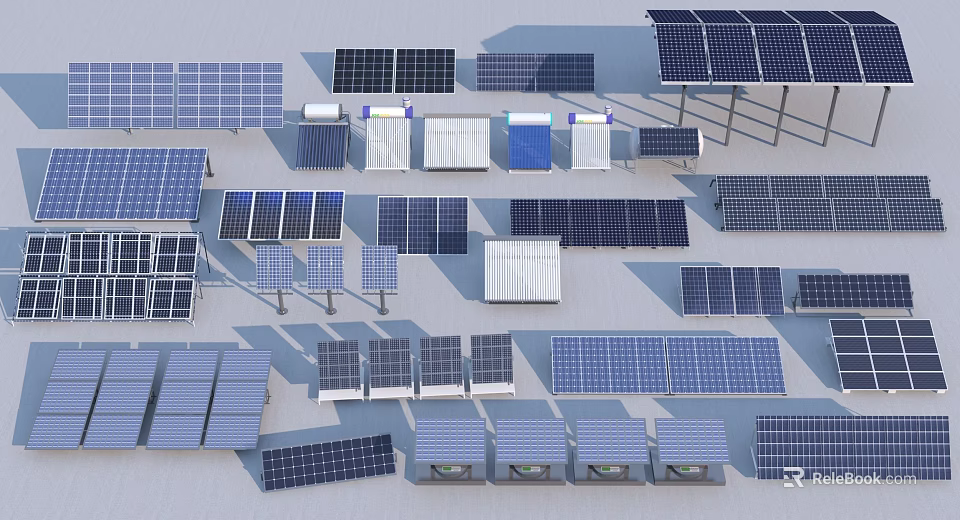 Different Types and Sizes of Solar Panels with Mounting Brackets for Daily Electrical Appliances 3d model 