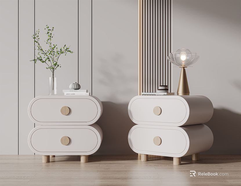 White Nightstands With Drawers Green Plant Vase Books Glass Lamp Gold Base Vertical Striped Wall 3d model 