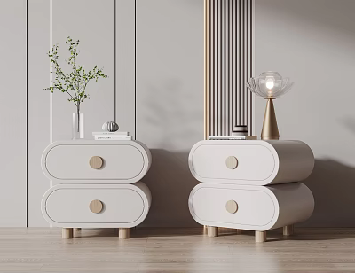White Nightstands With Drawers Green Plant Vase Books Glass Lamp Gold Base Vertical Striped Wall 3d model