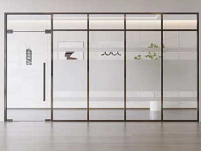 Modern Glass Partition With Metal Frame Decorative Lines And Indoor Plant In Office Interior 3d model