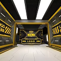 Store Front Desk In Yellow Black Design With Tunnel Floor LOGO Text And Cartoon Character