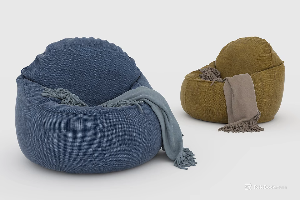 Blue And Green Fabric Bean Bag Chairs With Comfortable Round Design And Blankets 3d model 