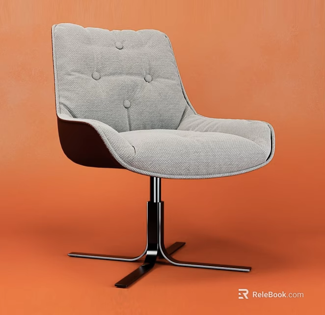 Comfortable Leisure Chair With Light Gray Upholstered Fabric Tufted Backrest And Metal Swivel Base 3d model 