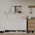 Minimalist Shoe Cabinet With Wall Hooks Small Bench Potted Plant And Hanging Bags